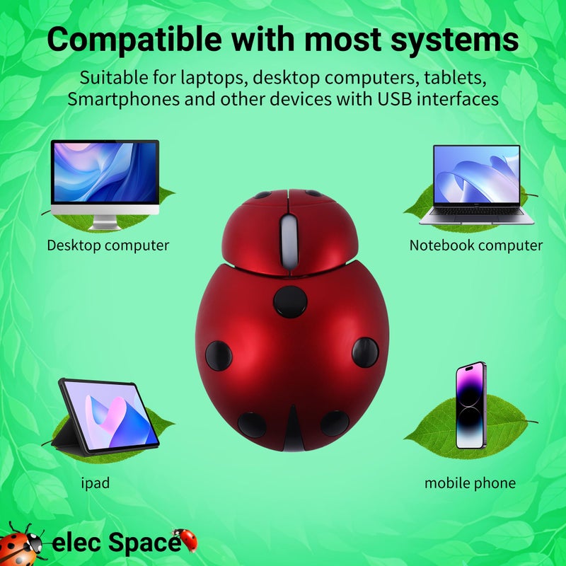elec Space Mini Small Wireless Mouse for Kids, Cute Animal Ladybug Shape 3000DPI Portable Mobile Optical Mouse with USB Receiver Cordless Mouse for PC Mac Laptop Computer Notebook (Red) - Image 5